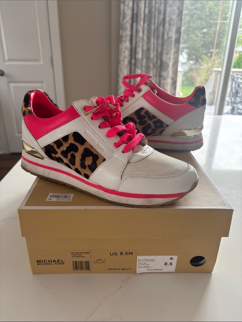 Michael Kors White Sneakers with Hot Pink & Leopard Trim Billie Trainer